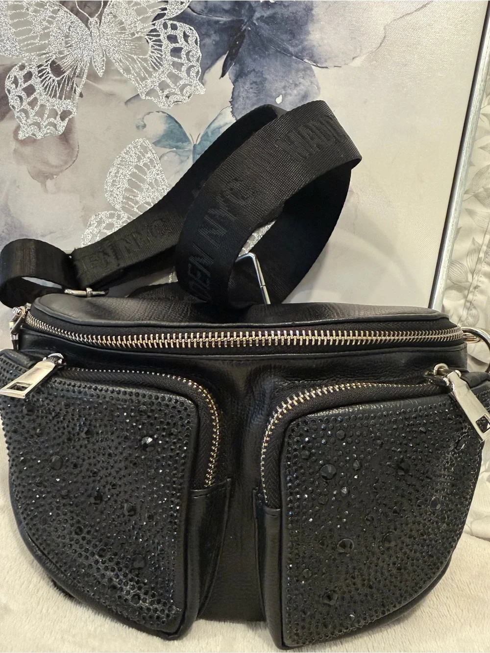 Black Embellished Leather Belt Bag